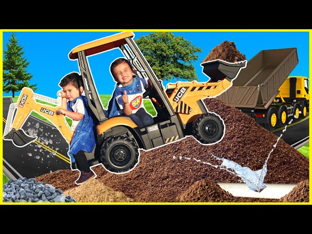 Excavator digging dirt at construction site with kids ride on backhoe digger and excavator bulldozer