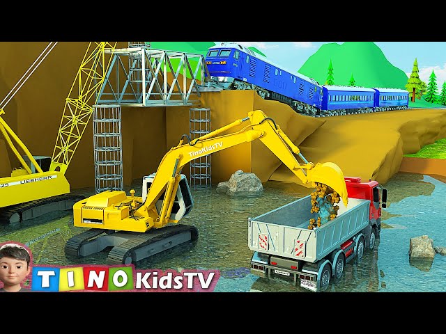 Koparka, dźwig gąsienicowy i ciężarówki budowlane dla dzieci | Remont mostu kolejowego