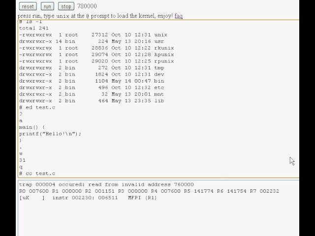 Julius Schmidt's Javascript PDP-11 emulator running UNIX V6