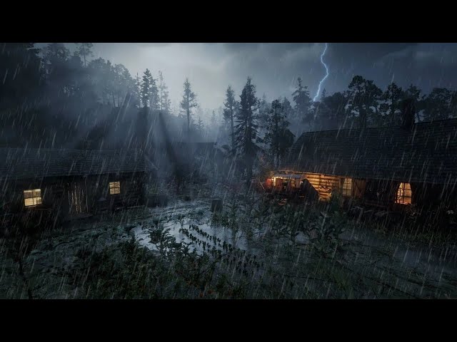 Forest rain with magical rare thunder near a log cabin | Rain ASMR RDR2
