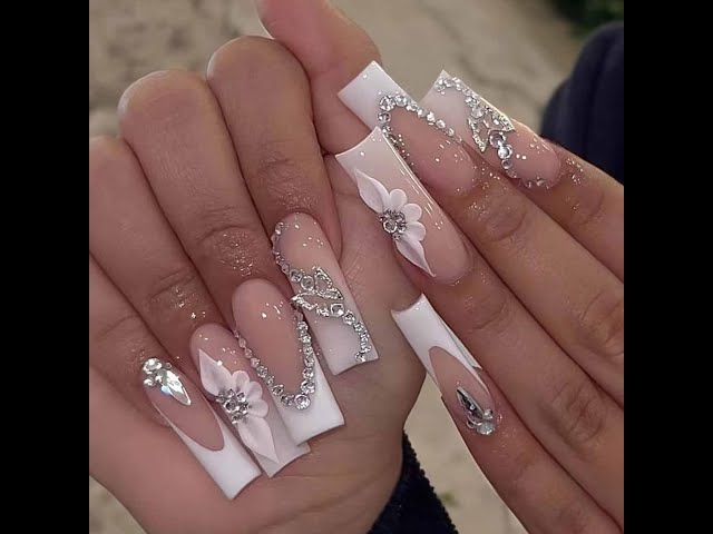 RikView French Tip Nails Square Press on Nails Long Fake Nails with 3D Flowers White Nails Glossy St
