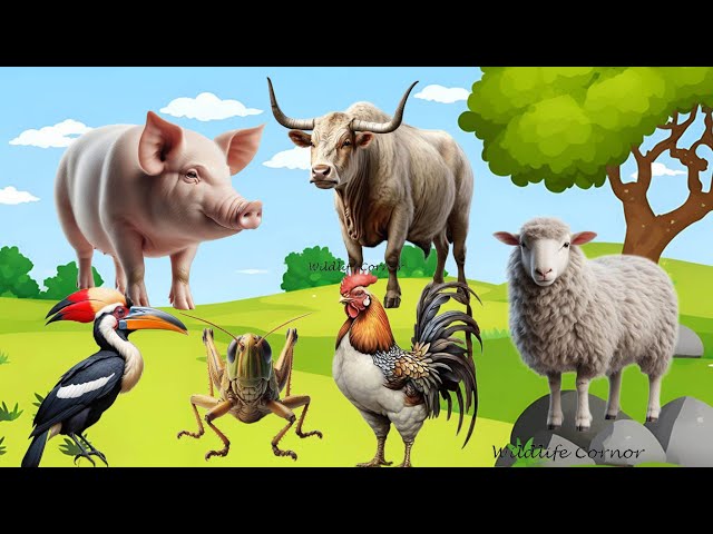 Cute Farm Animals Around Us: Sheep, Bull, Cock, Grasshopper, Hornbill - Animal Paradise
