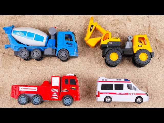 Rescue fire truck from fire with excavator and crane truck | Police car toy stories | Mega Trucks