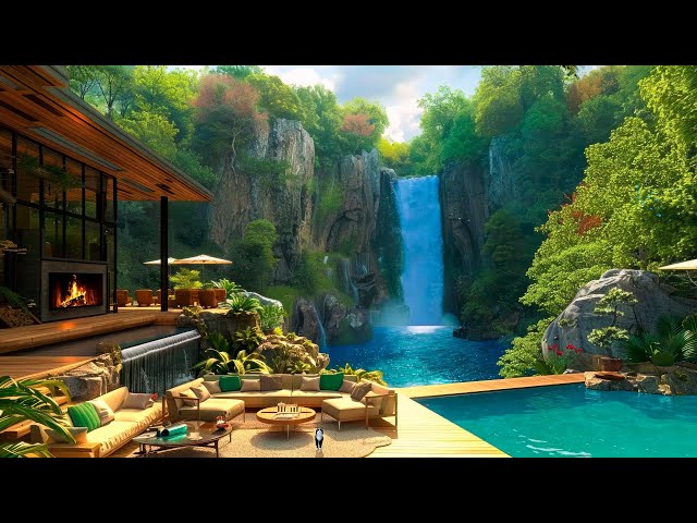 Jazz Relaxing Music with Summer Morning Cozy Tranquil Hillside Waterfall Terrace Ambience for Study