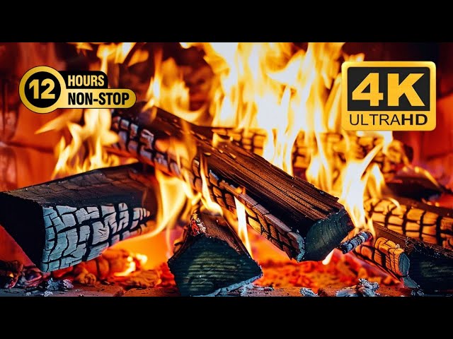 🔥 4K Fireplace Ambience (12 HOURS). Fireplace with Burning Logs and Crackling Fire Sounds