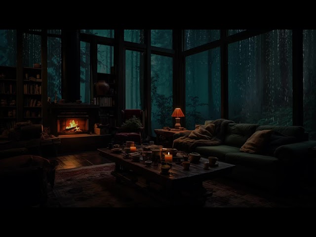 Cozy Cabin Log During Rainstorm At Night Forest W/ Burning Fireplace🔥 - Rain Sounds For Sleeping 🌧️