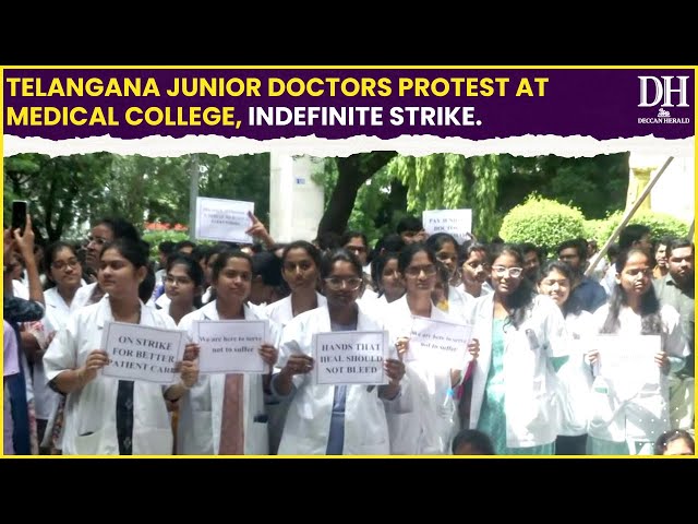 Telangana junior doctors protest at a Medical College as part of indefinite statewide strike