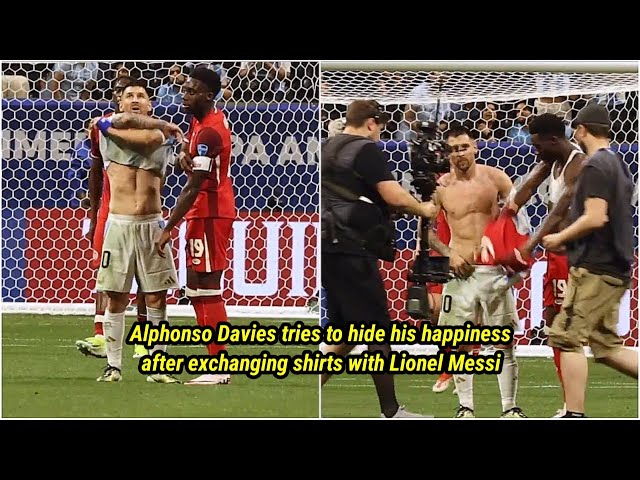 Alphonso Davies tries to hide his happiness after exchanging shirts with Lionel Messi 😄