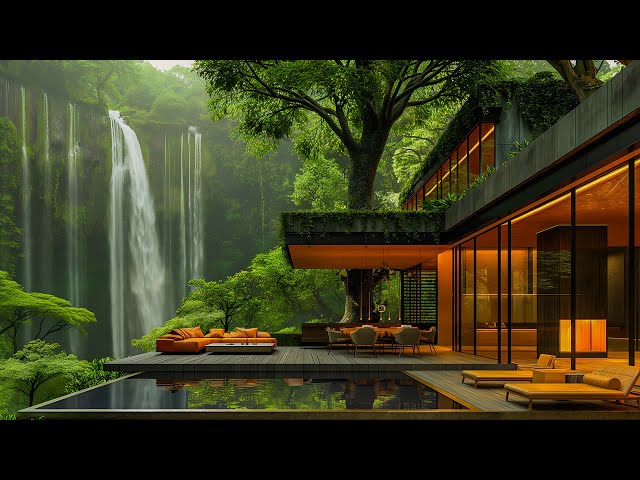 Sweet Jazz Tunes and Waterfall Sounds in a Cozy Living Room - Gentle Jazz in a Serene Forest Setting