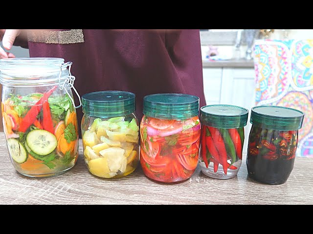 Making Pickles at Home -  Onion Radish Pickle- Green chili pickle -Soy sauce pickle-Vinegar Pickle