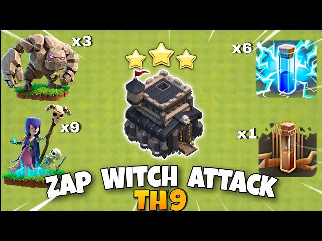Th9 Zap Witch Attack Strategy | Th9 Golem Witch Attack | Th9 Best Attack Strategy- Clash Of Clans