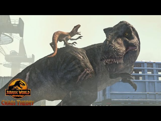 Tyrannosaurus Rex(Big Eatie) Vs Atrociraptors(Ghost, Tiger and Panthera) Jurassic World Chaos Theory