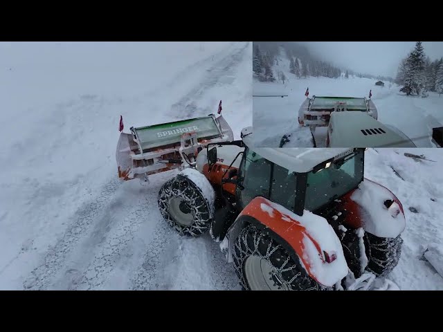 Schneeräumung auf Güterwegen in den Bergen | Springer SHL 3304-3, Steyr CVT Winterdienst cabview