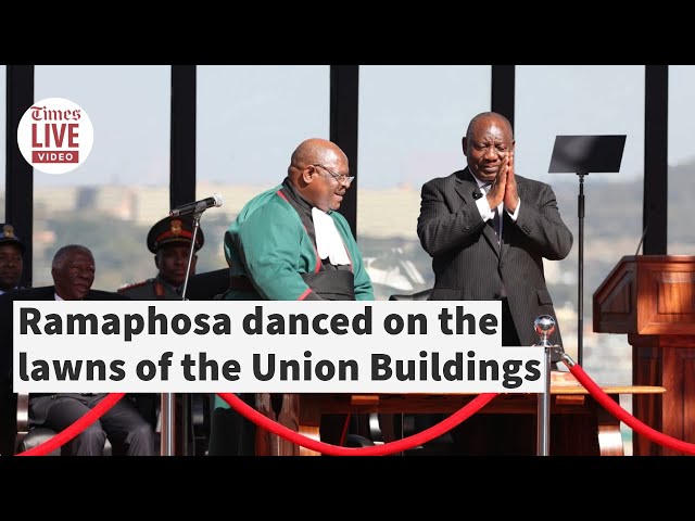 President Ramaphosa celebrates and dances at the Union Building lawns
