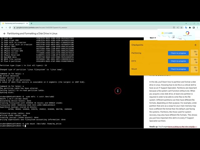 Partitioning and formatting a Disk Drive in Linux  || #new #coursera #quicklabs