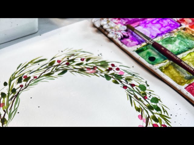 Last little holiday wreath for 2023, beginner watercolor painting so easy and fun!