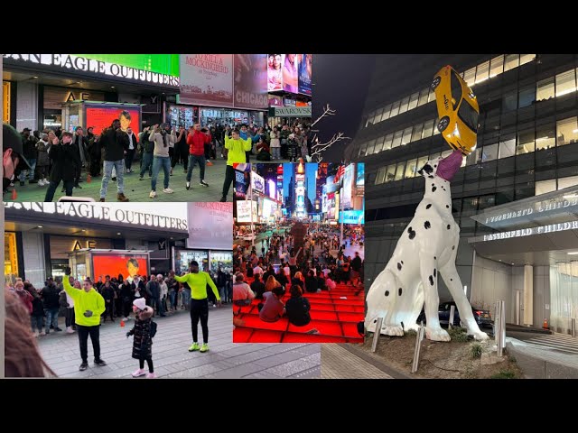 Times Square street performance | Giant dog and the taxi cab | Times Square red steps
