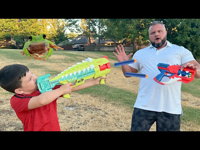 NERF BATTLE with Caleb and Dad & CATCHING FROGS! BACKYARD Adventures!