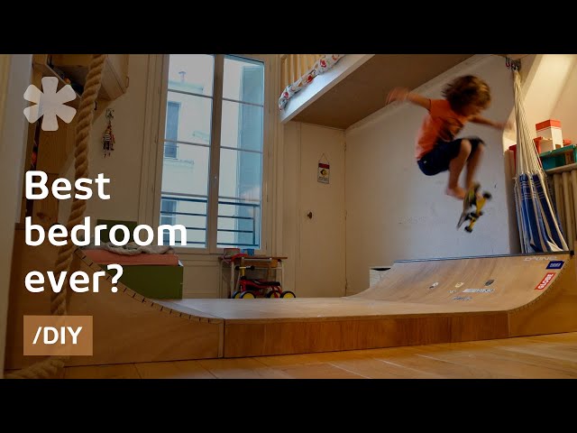 Surfer dad makes outdoorsy skate-&-climb bedroom in tiny flat
