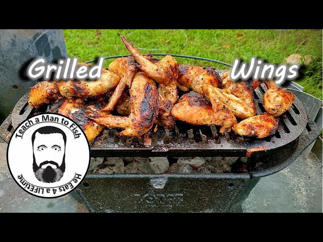 🔵 Chicken Wings Over Charcoal | Grilled Wings on Lodge Sportsman Grill | LSG | Teach a Man to Fish