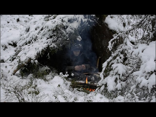 Building Winter Bushcraft Shelter - Shelter In Snowfall - Freezing Cold