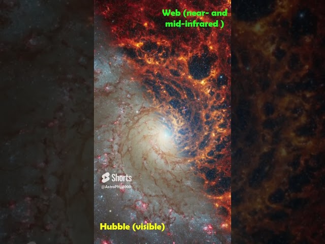 Comparative Views of Spiral Galaxy NGC 628 by Webb and Hubble Telescopes