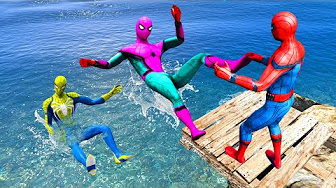 GTA 5 Rainbow Spiderman Team Jumping into Pool in! (Spiderman Fails & Ragdolls)