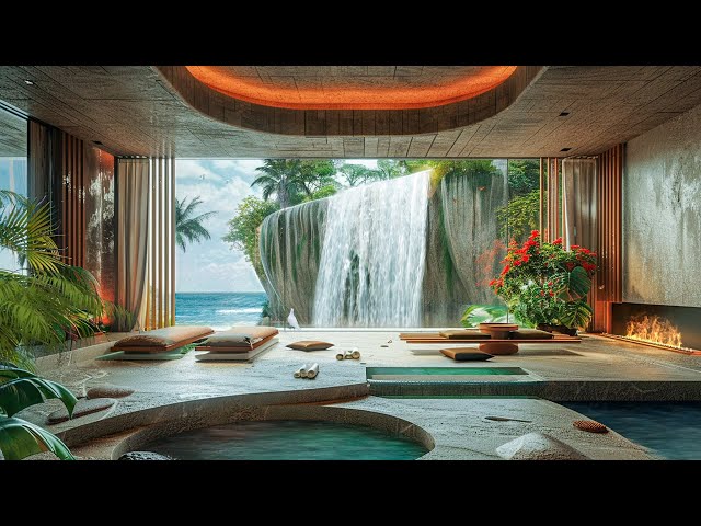Ocean Luxury Villa with Waterfall | Soothing Ocean Waves, Waterfall and Fireplace To Sleep, Relax