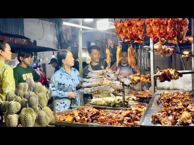 The best street food in Cambodia at night with roast chicken, duck, fish, pork all delicious