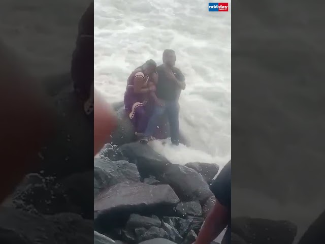 Watch: Woman Swept Away By A Giant Wave At Bandra Bandstand #ytshort