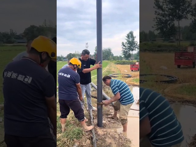 Farm water well pipe installation process - good tools and machinery make work more efficient