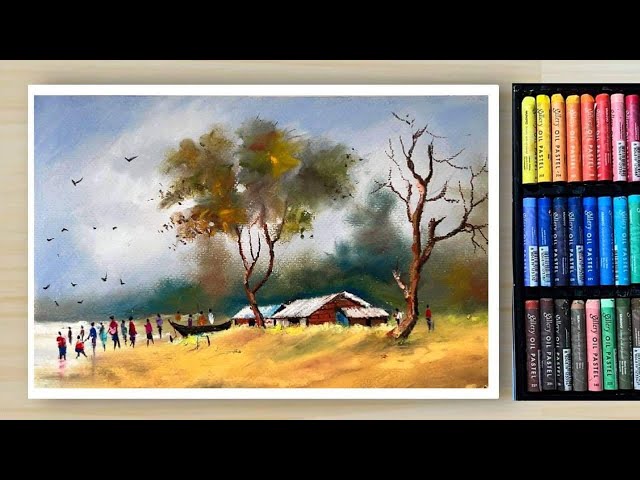 How to Draw Beautiful sea ​​shore   Village landscape TUTORIAL (step by step) - Oil Pastel Drawing