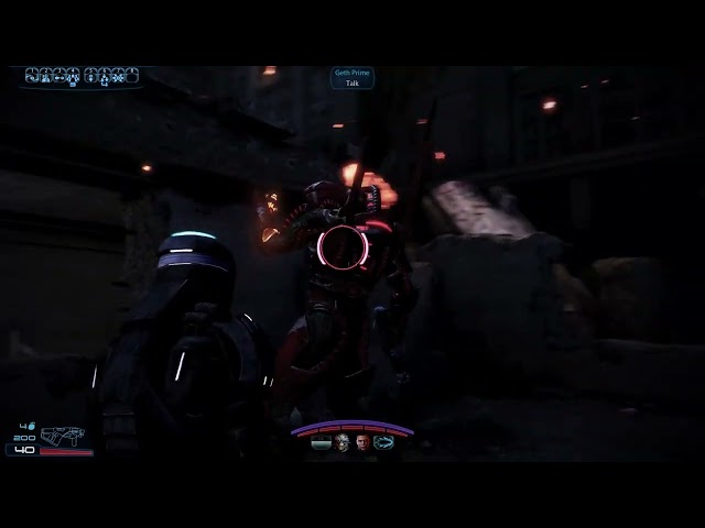 Geth Prime drops from orbit in slow-mo and says hi to Shepard. Badass.