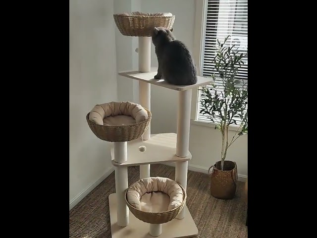 Wooden Wicker Cat Tower for Multiple Cats - Purrfectum
