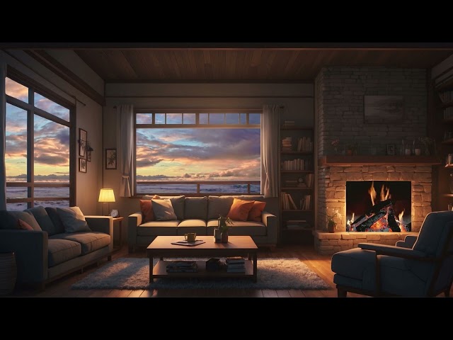 4 Hours of Relaxing Living Room with Crackling Fireplace and Ocean Wave Sounds | Serenity Supreme