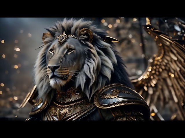Free Stock Videos - AI animation - grey king lion, looking, Magical atmosphere, gold particles