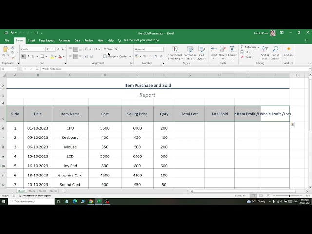 Class 04 How to Create Item Sold and Purchase Sheet Design using MS EXCEL 2019