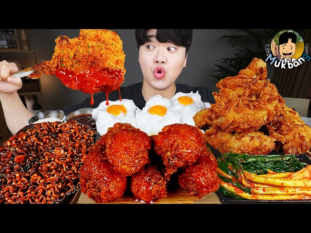 ASMR MUKBANG | Pollo frito, filete, fideos de frijoles negros, kimchi Comida coreana