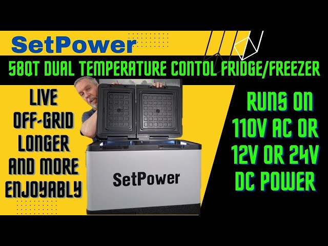 SETPOWER 58QT Portable Fridge. Dual temperature zones and runs on AC or 12V/24V. Great for Off-Grid