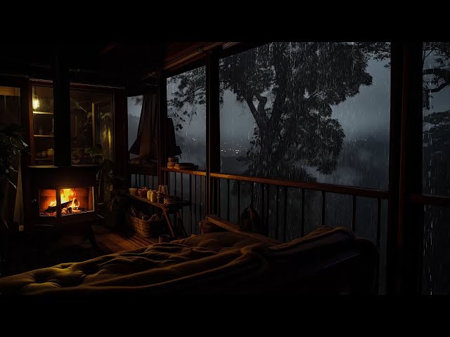Rain Falls on Balcony of Tree House with Cozy Fireplace to Beat Insomnia & Deep Sleep