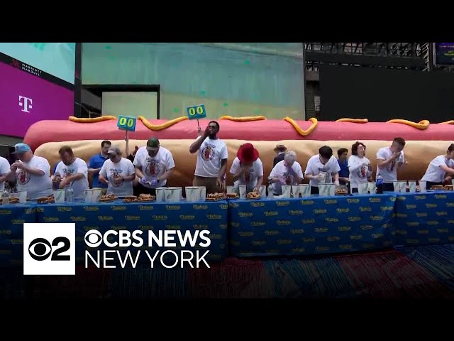 Qualifying round for Nathan's Famous Hot Dog Eating Contest held in Times Square
