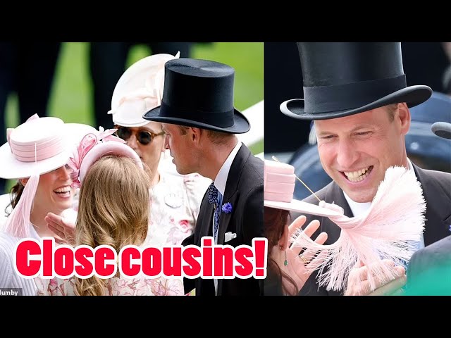 Close cousins Prince William was seen playfully flicking the tassel on his cousin Eugenie's hat