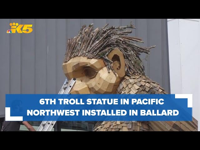 Final of 6 Pacific Northwest troll sculptures installed in Ballard