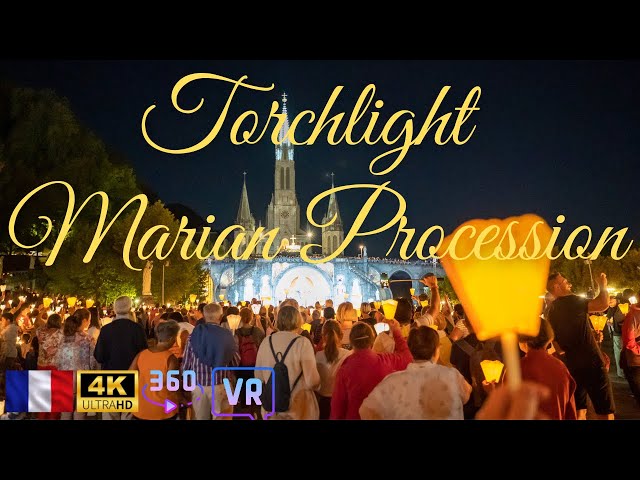 Walk in the Torchlight Marian Procession at Lourde France in 4K 360 VR