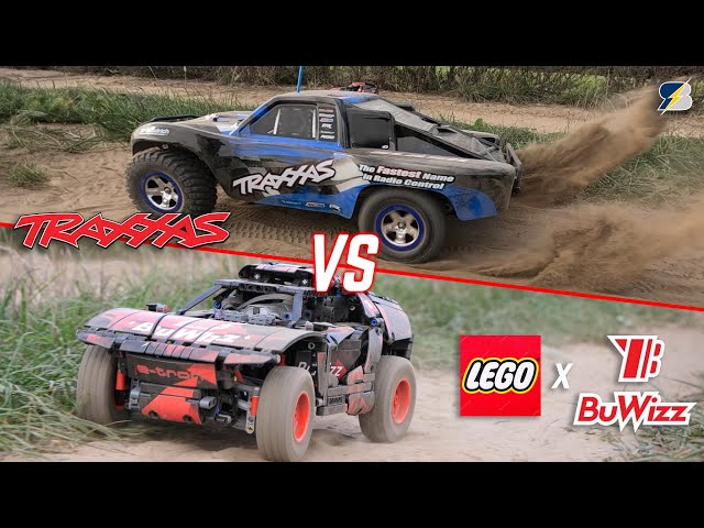 Supercharged LEGO Audi Dakar racer vs Traxxas Slash - BuWizz powered Technic 42160 vs real RC car