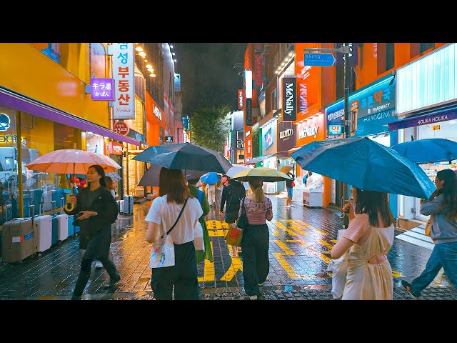 Seoul Rain Walk In Myeongdong on a Typhoon Night | Korea Travel 4K HDR