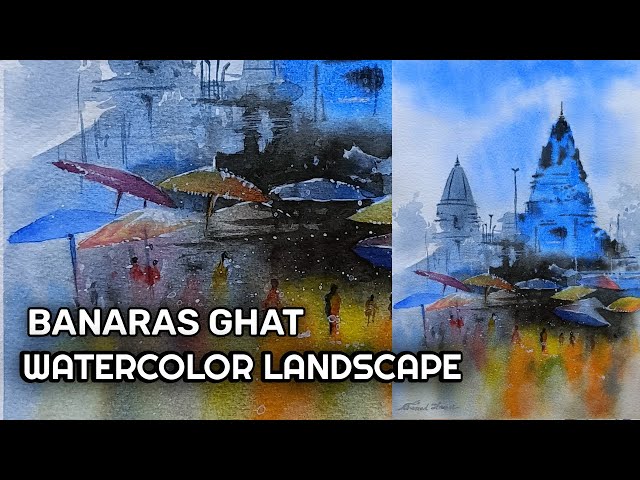 Banaras Ghat Watercolor Landscape      |     Watercolor Landscape For Beginners   #watercolor #draw