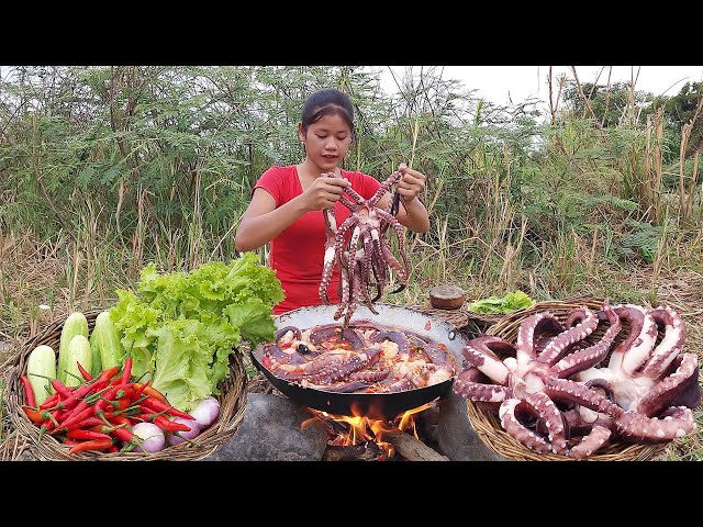 Yummy! Octopus salad Cooking with spicy chili So delicious food - Survival cooking