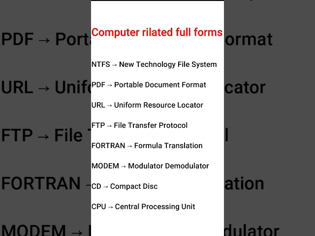 full form of NTFS POF URL FTP FORTRAN MODEM CD CPU | important full form