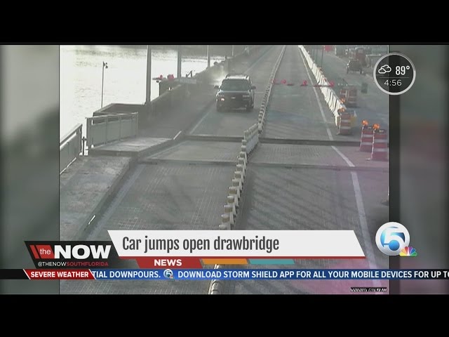 Car jumps open drawbridge